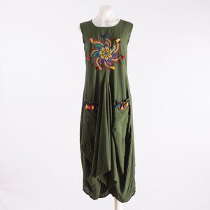 Valewoman Olive Green Embroidered Tassel Midi Dress Size US 4